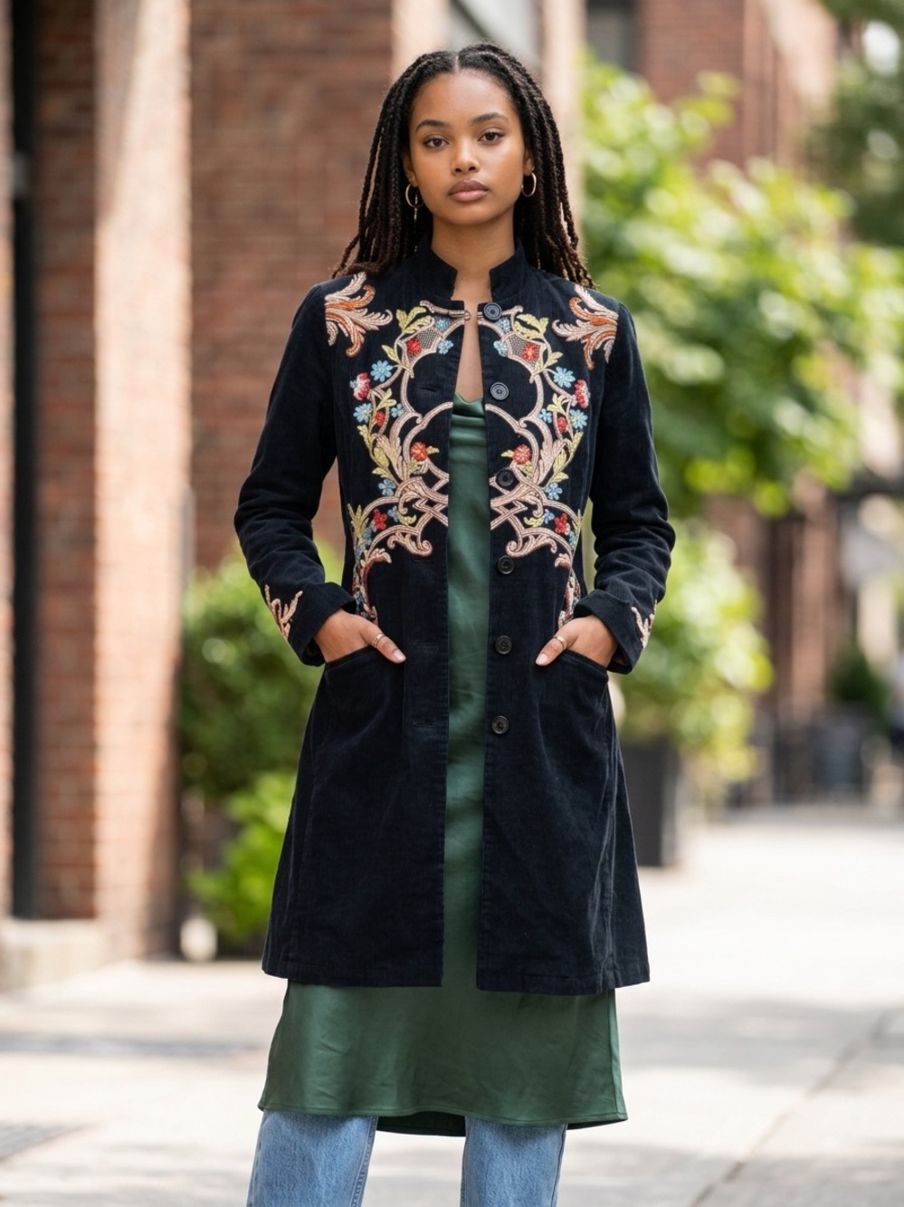 Johnny Was Black Embroidered Corduroy Coat Small Boho Birds Floral - Soft Goth